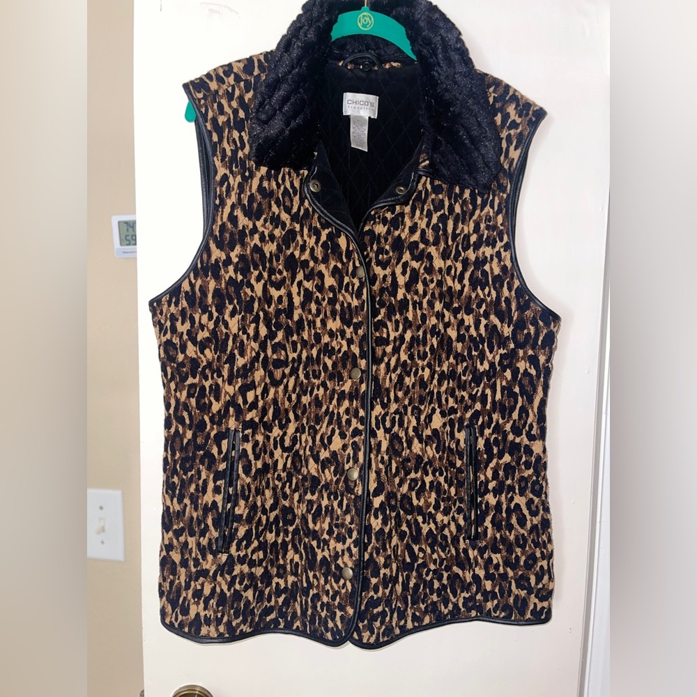 Chico's Leopard Print Vest with Faux Leather Black Trim